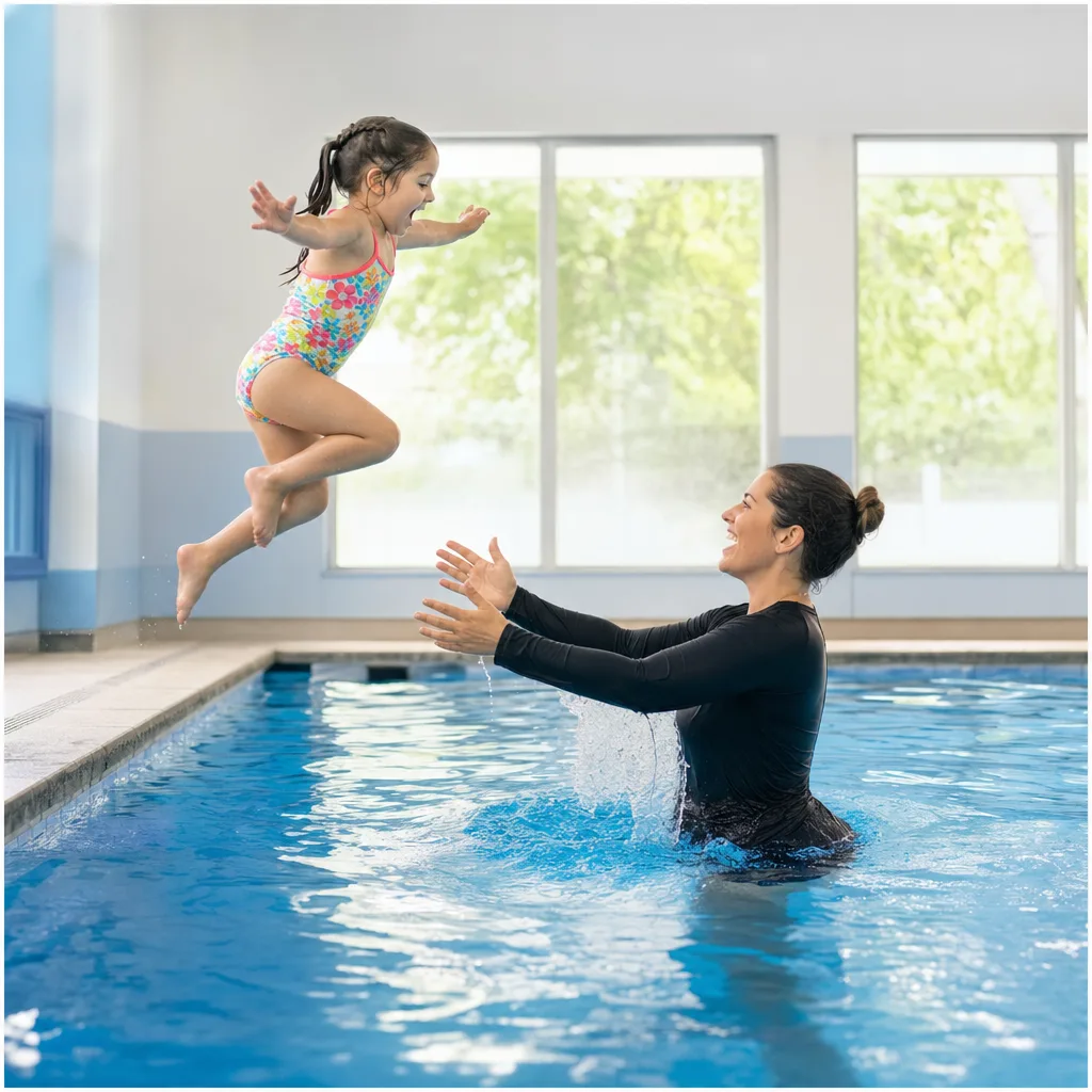 A swim instructor with arms open, catching a joyful child mid-jump into the pool.