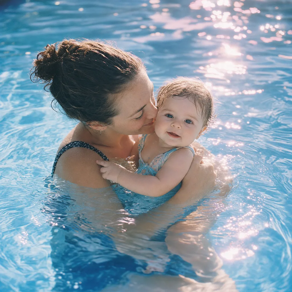 A parent holding a baby at the surface of a bright pool, tender and high-key.
