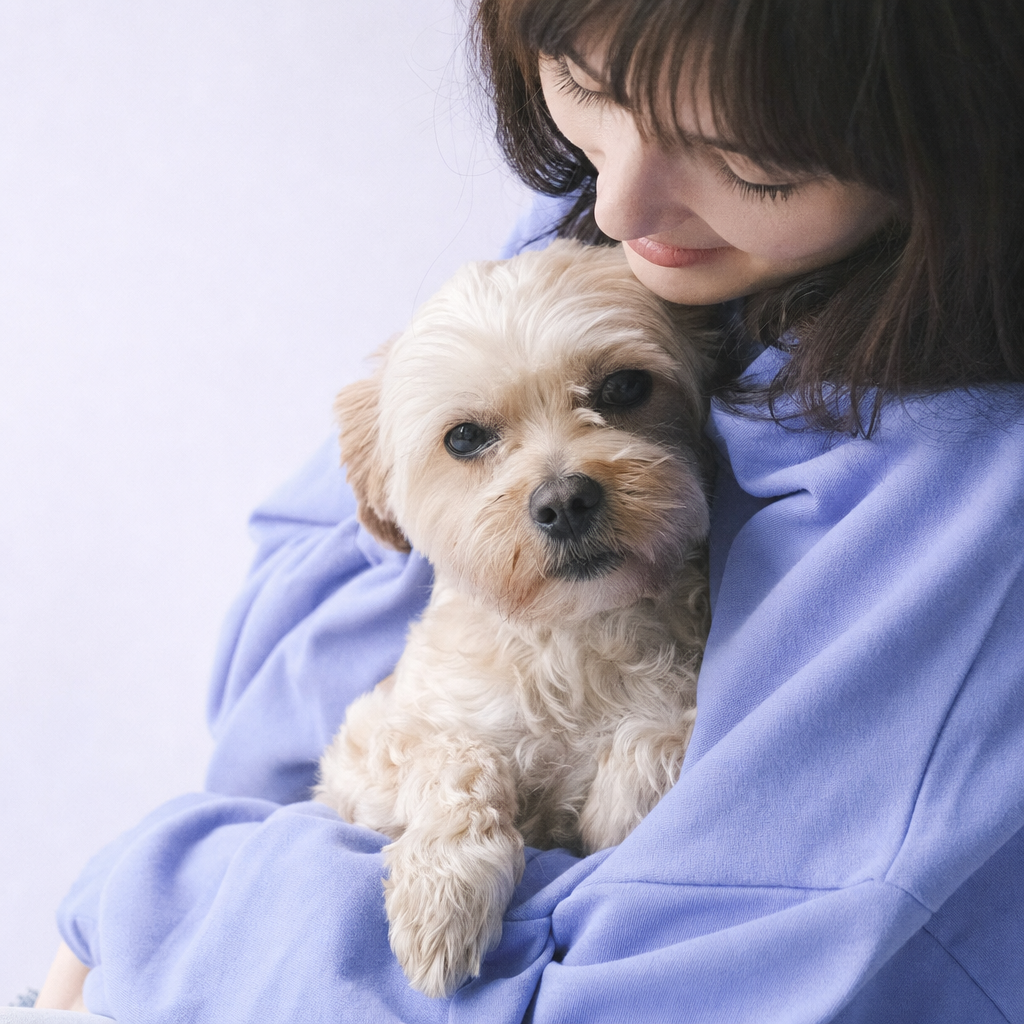 A small dog resting comfortably in a person's arms, fully relaxed.