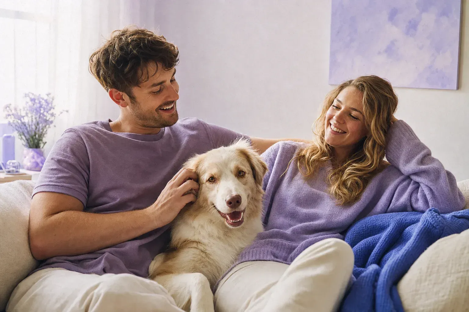 A couple on a sofa with their dog between them, everyone comfortable.