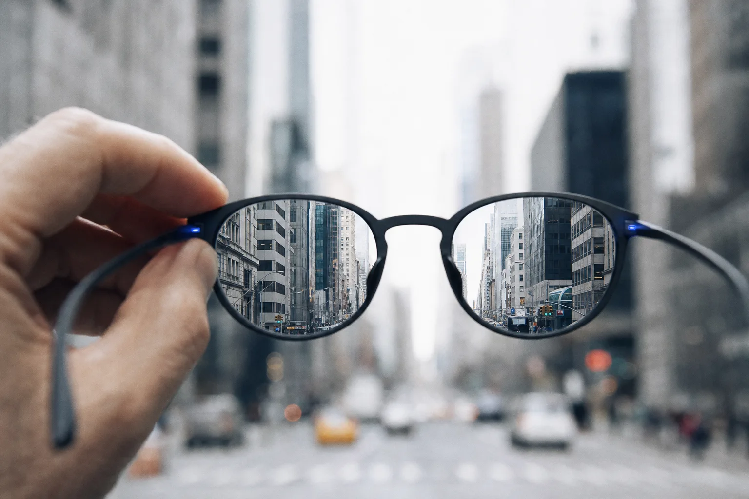 A hand holding eyeglasses up to the city; the scene is sharp only through the lenses.
