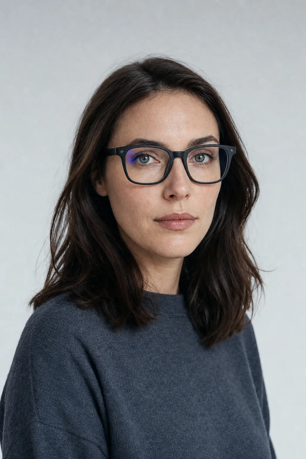 A woman wearing acetate glasses, calm direct gaze, against a neutral backdrop.