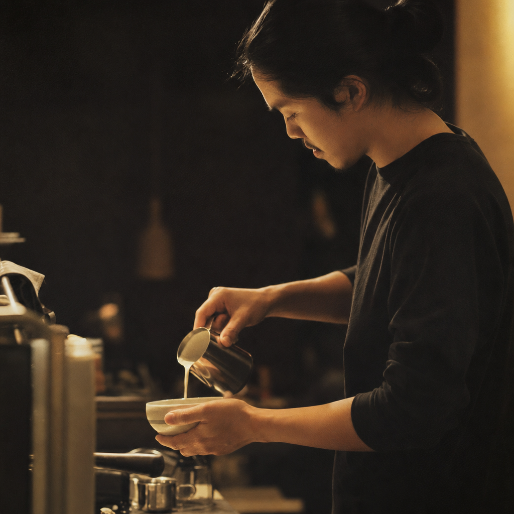 Teo pouring a cup with both hands, slow and deliberate.
