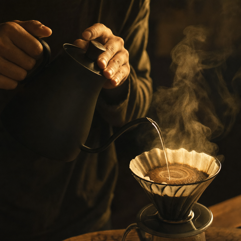 A gooseneck kettle pouring a slow spiral over a paper filter.