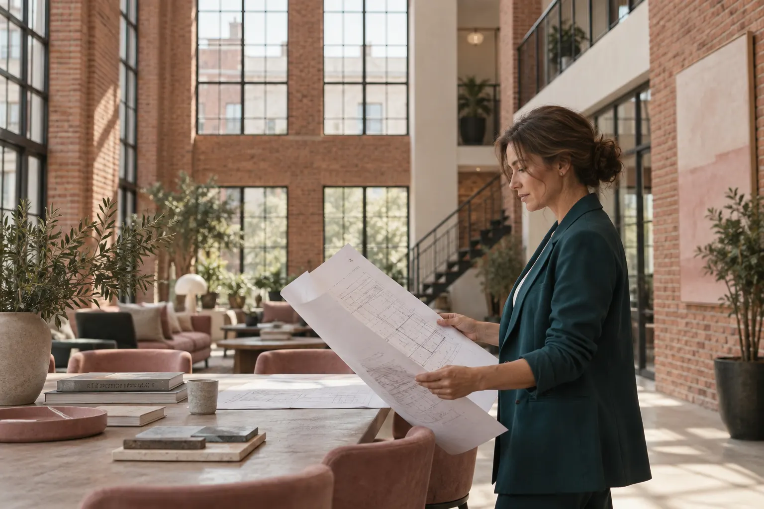Developer reviewing plans in a bright brick atrium