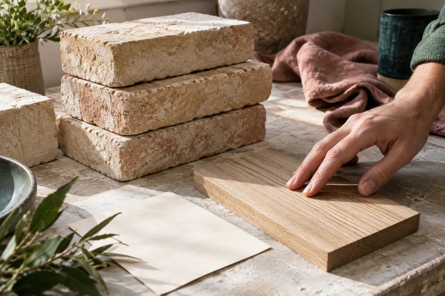 Brick and oak material samples with a delivery slip