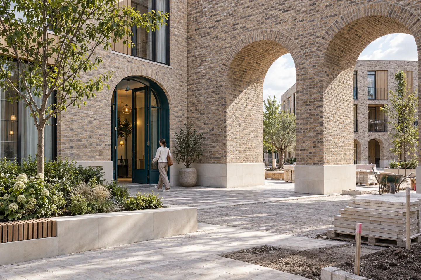 Brick courtyard with a deep teal doorway