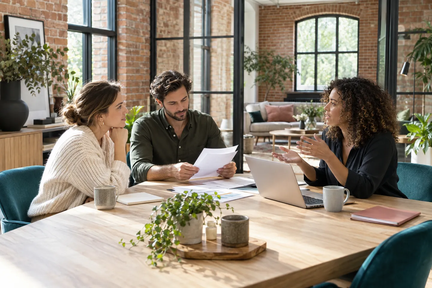 Three people discussing project records around a pale oak table