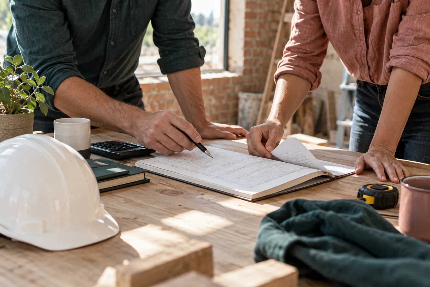 Hands reviewing costs at a construction workbench