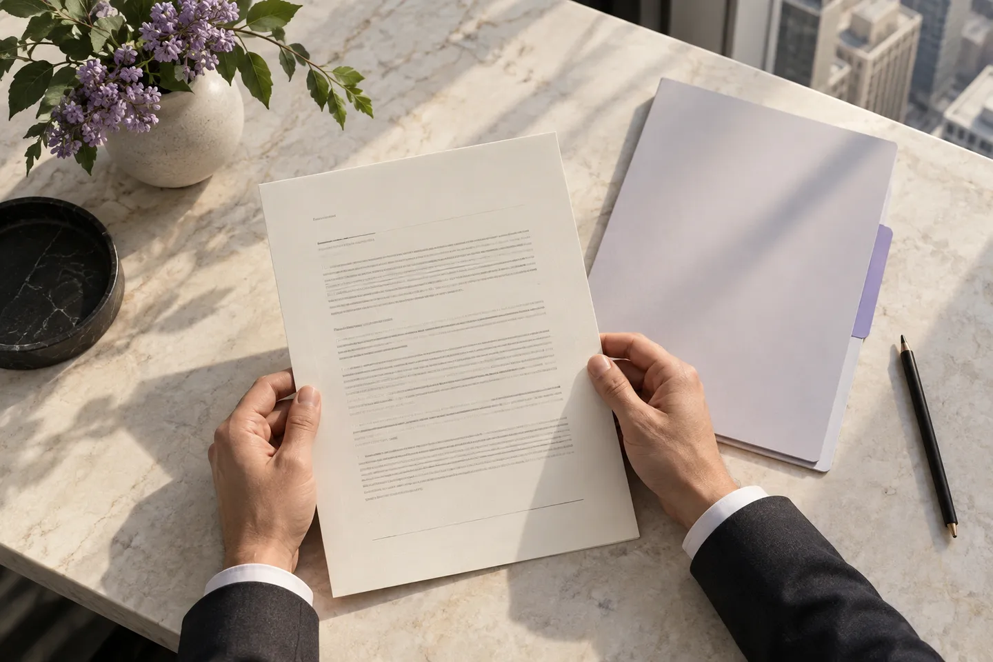 An agreement being examined on a stone desk