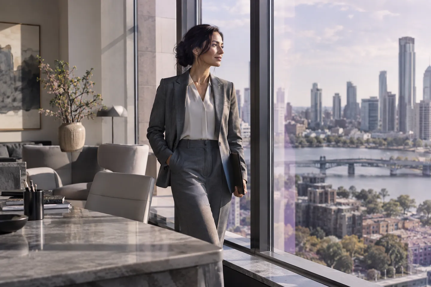 A person considering the city view from a bright meeting room