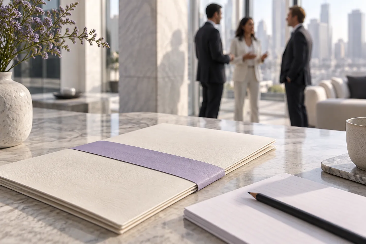 A contract folder and product notes on pale stone