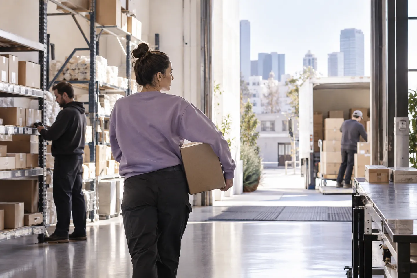 A worker carrying a box through a bright dispatch threshold