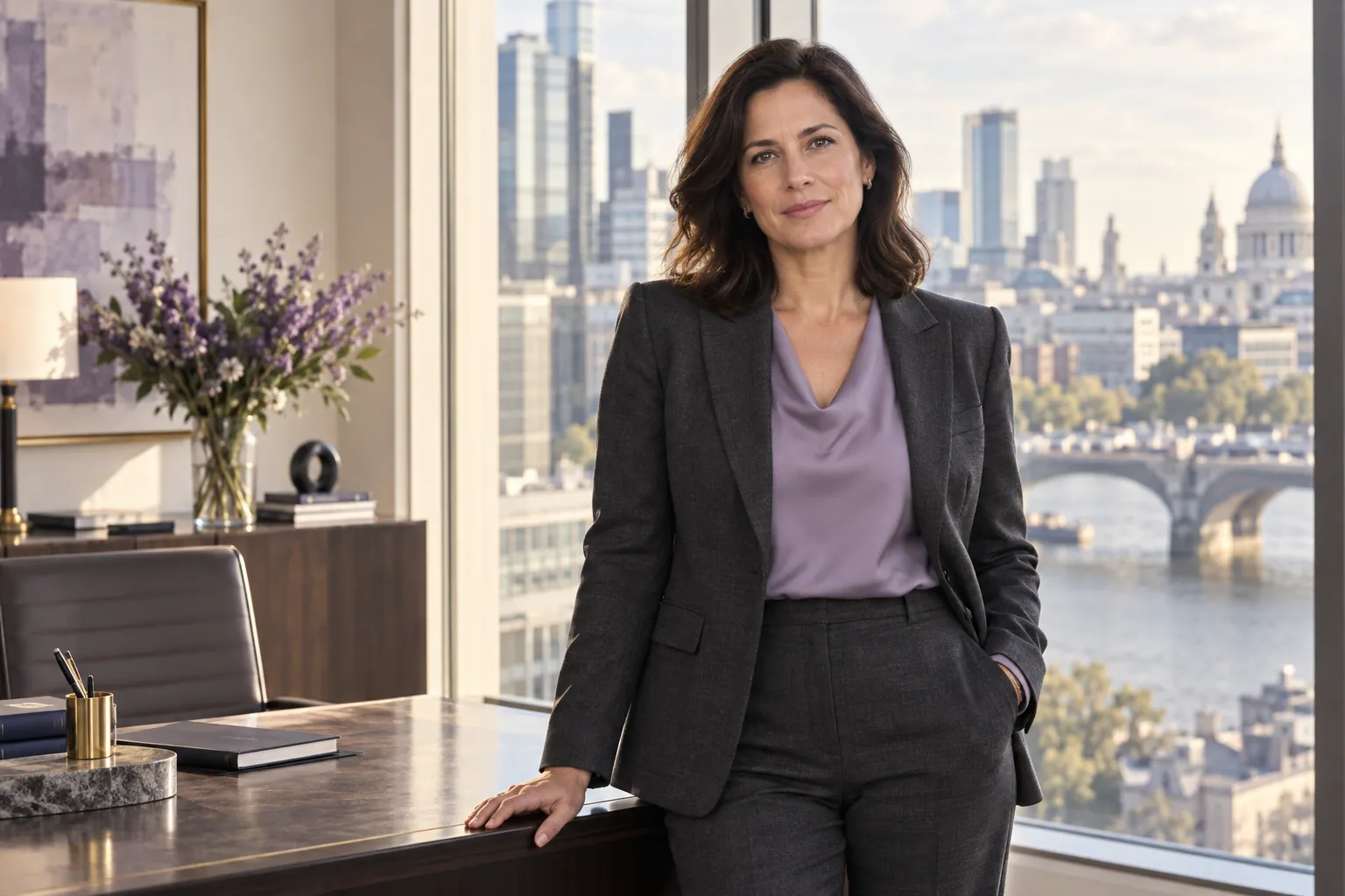 Business-law professional beside a sunlit city office window