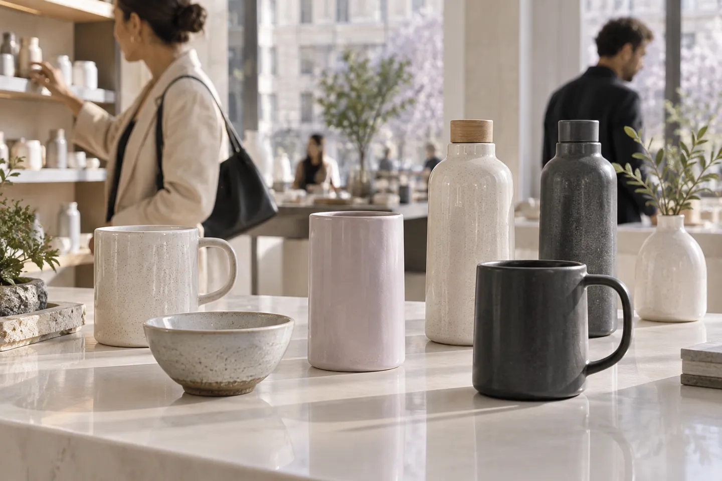 Distinct unbranded ceramic products on a counter