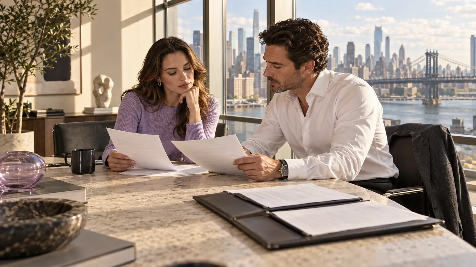 Two professionals reviewing contract pages at a light stone table