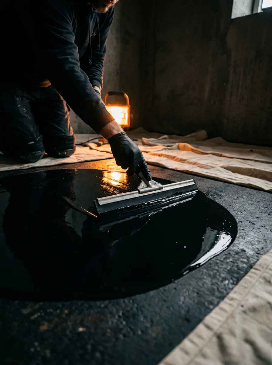Blackout base coat — A saturated black primer goes down first. That shadow layer is what gives a metallic floor its depth later — and where the slab reads wet, a vapor barrier goes under it.