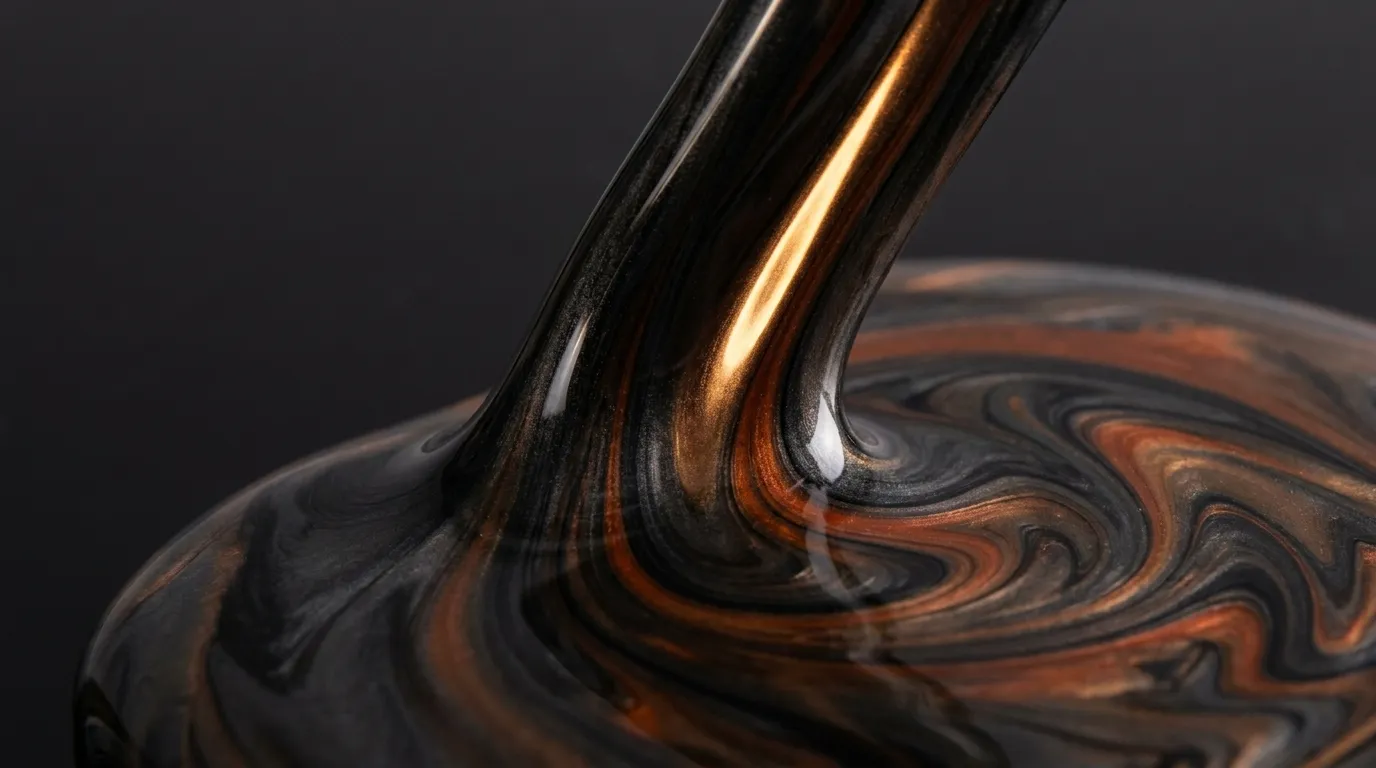The metallic ribbon — Metallic pigment is folded into solids resin, flooded out, then worked by hand with squeegee and roller until the veins run where we want them. Nobody gets the same floor twice.