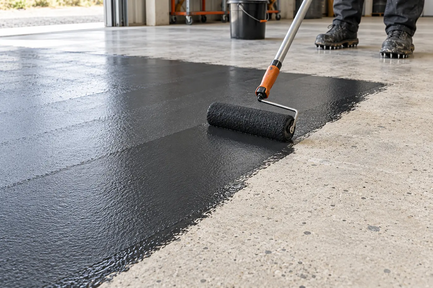A roller laying an even charcoal base coat onto a daylight-lit concrete slab