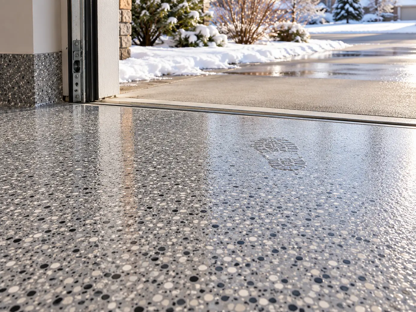 A sealed flake-coated garage threshold meeting a snowy Colorado driveway in winter daylight