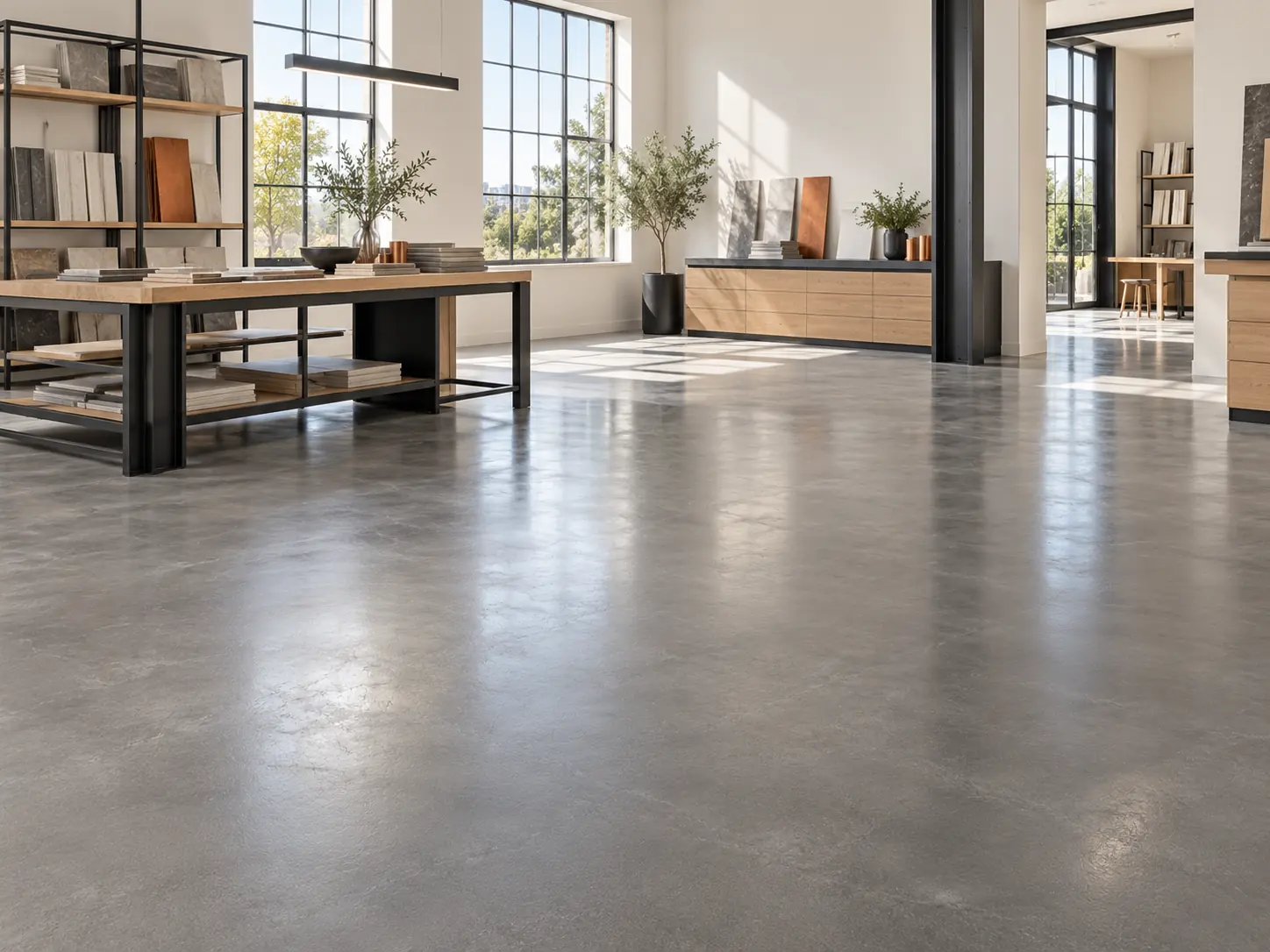 A light-filled commercial showroom with a seamless satin-gray coated floor