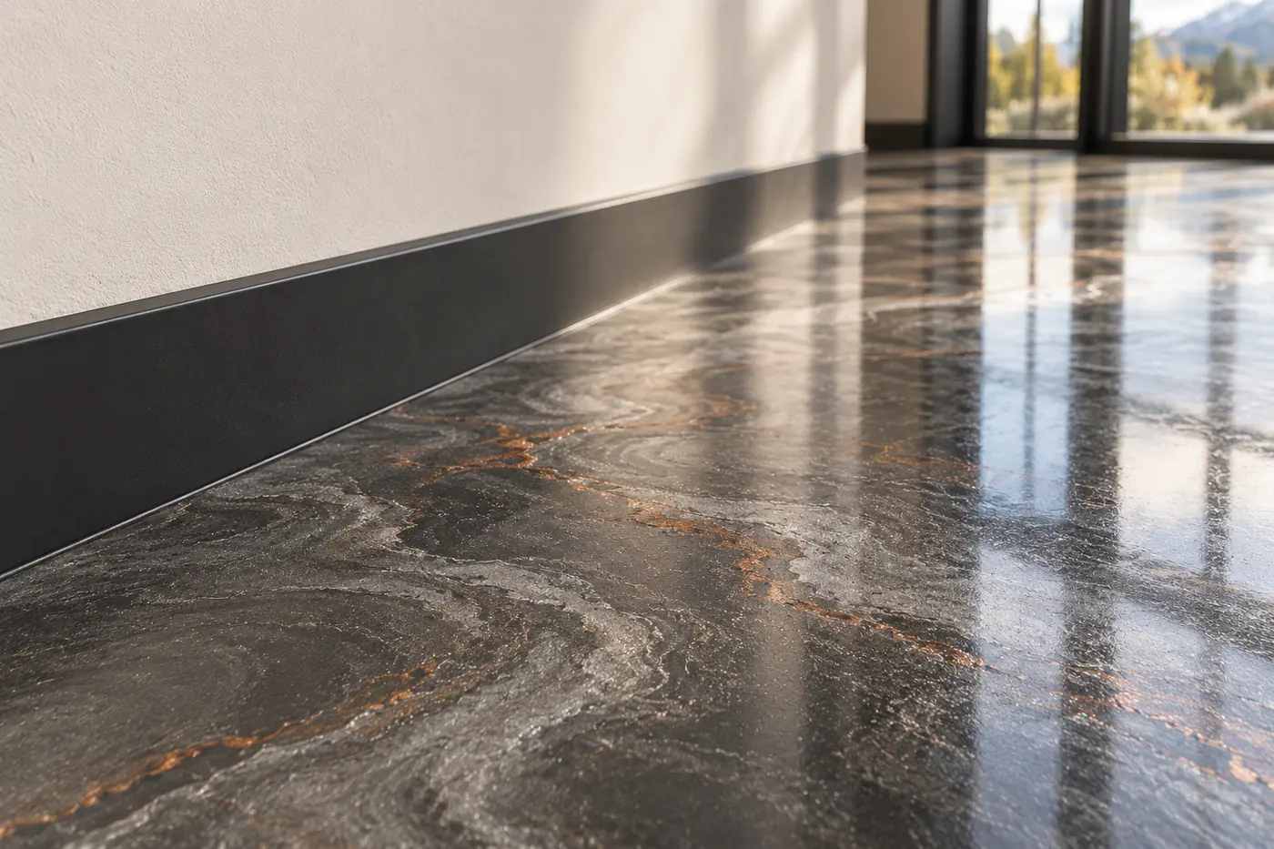 Daylight revealing the clear seal and fine copper veining beside a clean wall edge