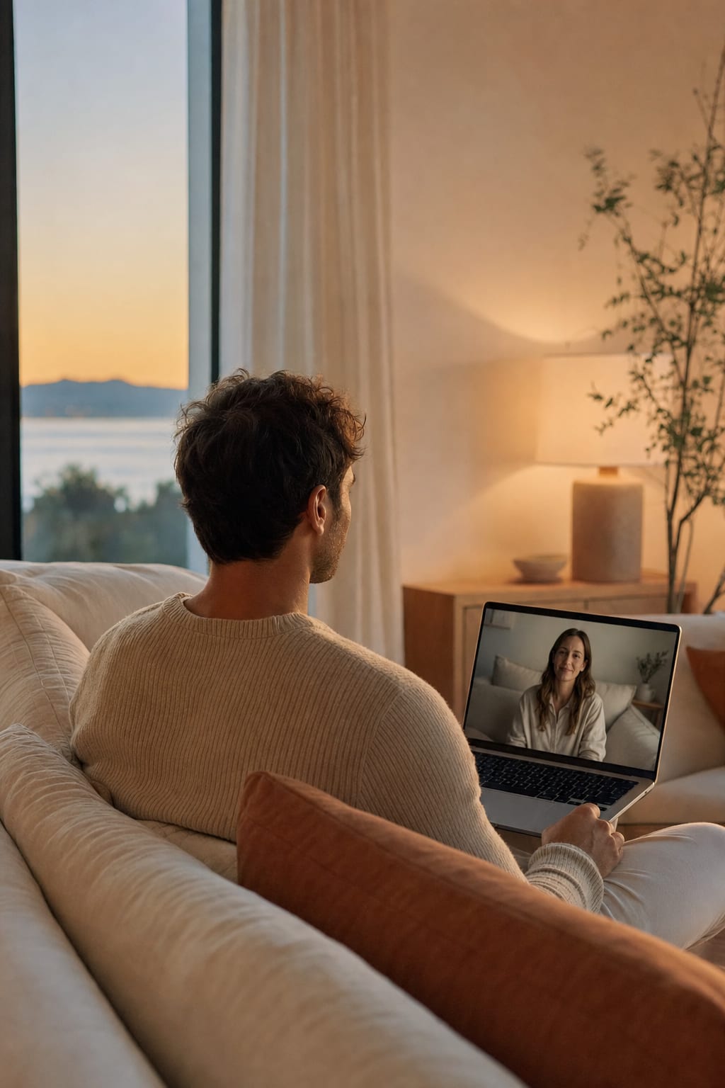 A relaxed evening online therapy session from a couch at home