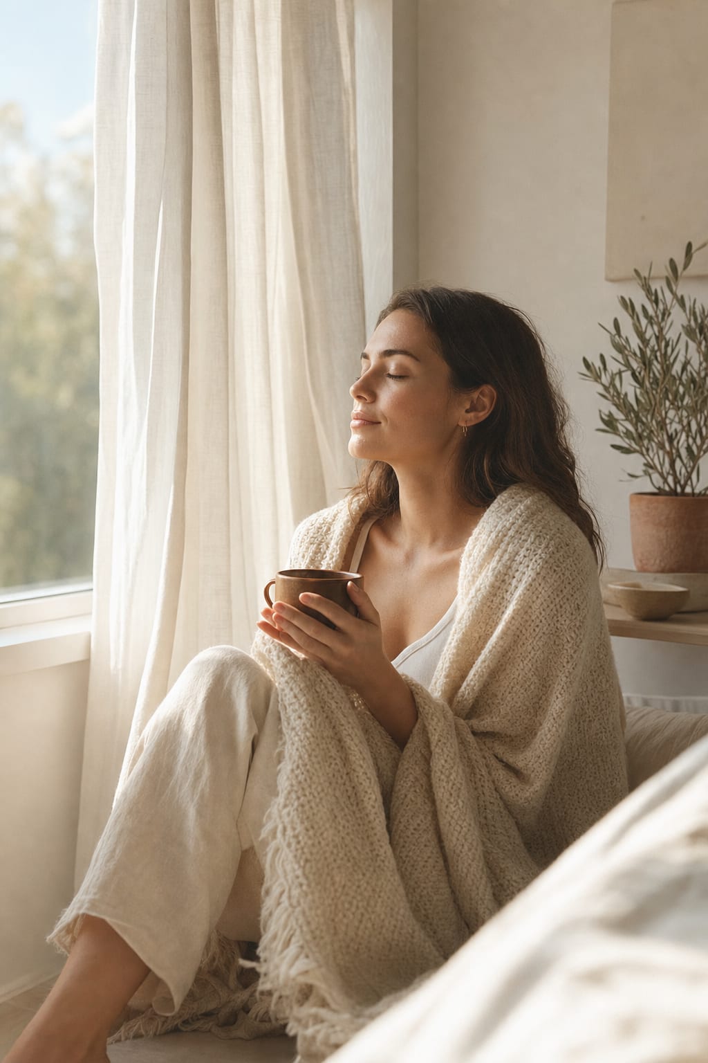 A quiet private moment by a window, wrapped in a soft blanket
