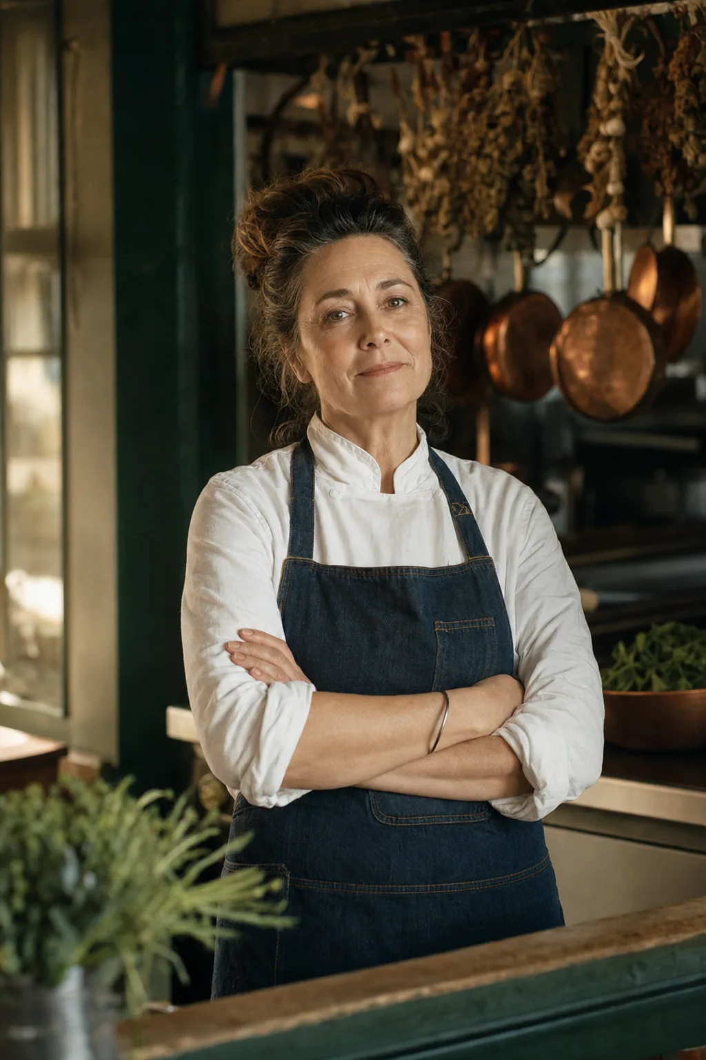 Chef Della Voss standing at the pass of her kitchen