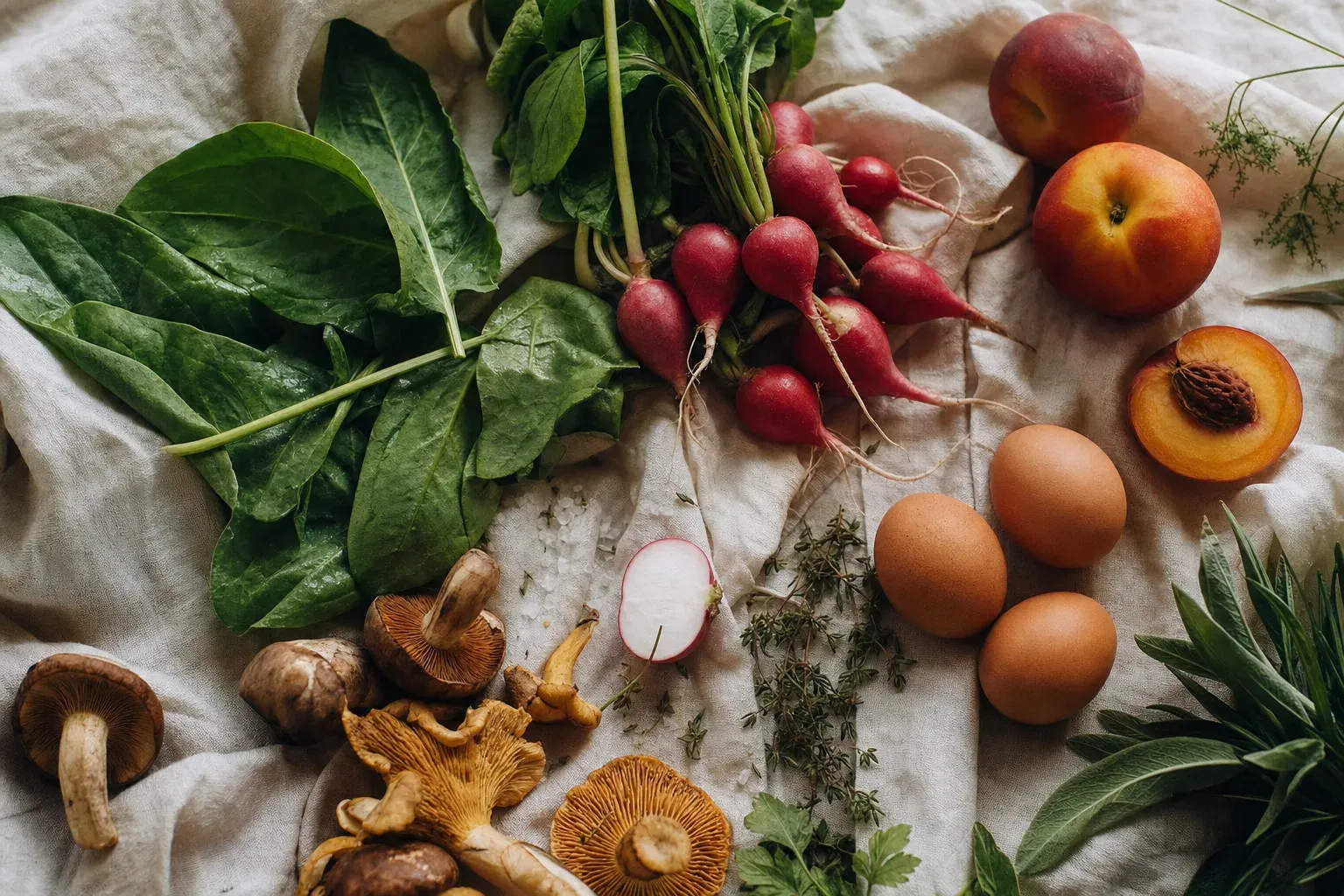 Seasonal Maine produce laid out on cream linen