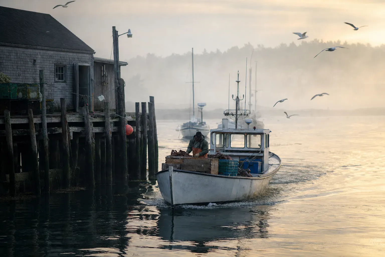 A fishing boat returning to a Maine wharf at dawn