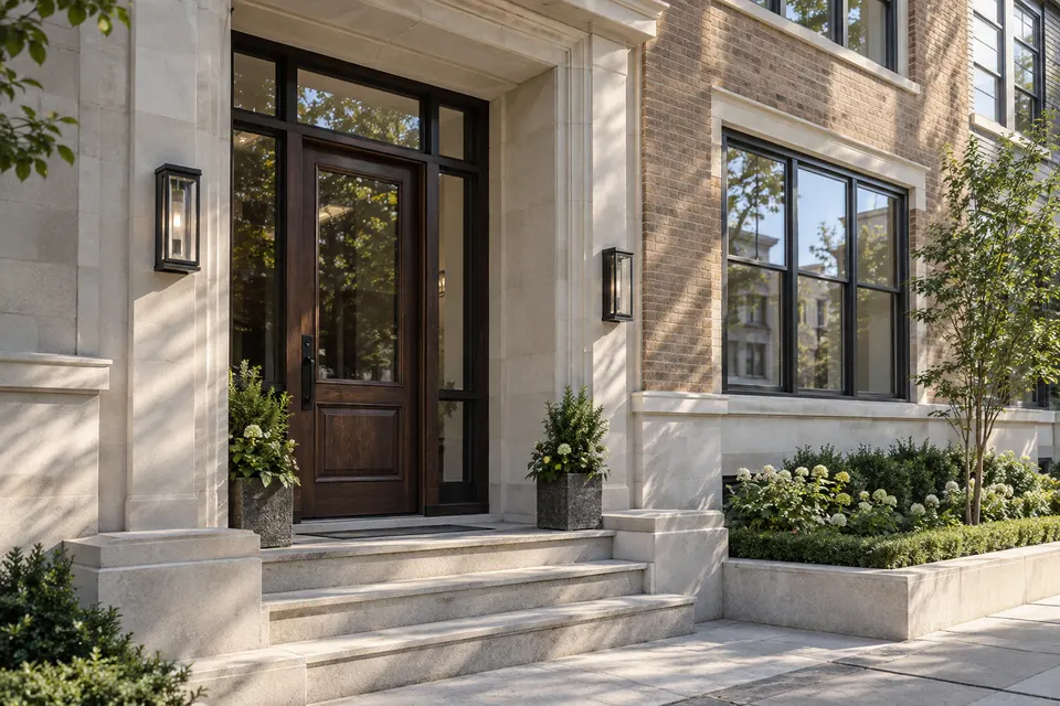 A limestone entrance and dark timber door in a residential building.