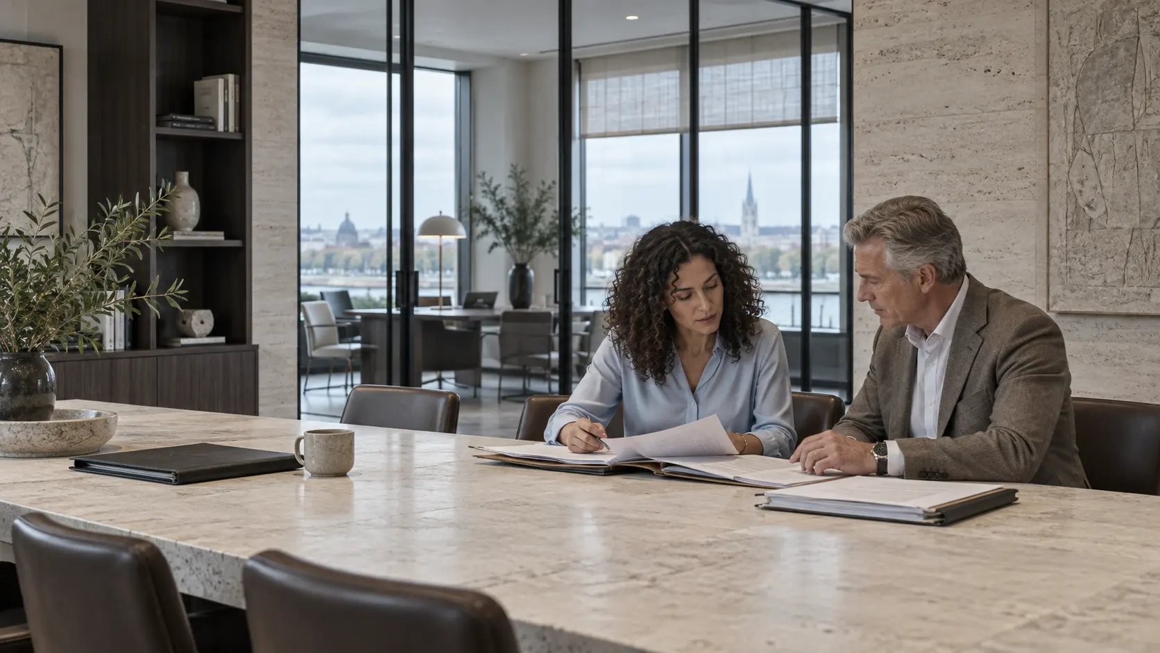 Two accounting professionals reviewing records in a daylight office.
