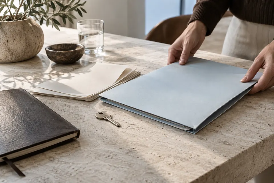 Property records in a pale-blue folder.