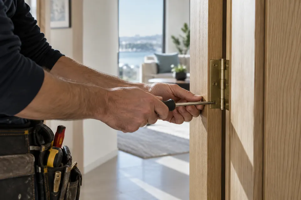Hands adjusting a door hinge in a bright apartment.