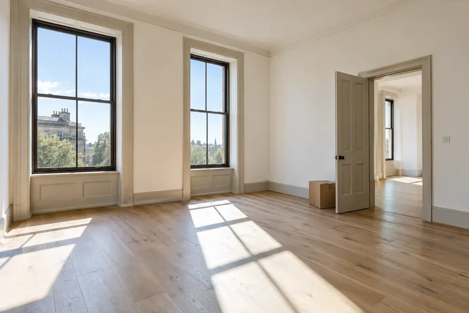 An empty rental room with pale timber floors and tall windows.