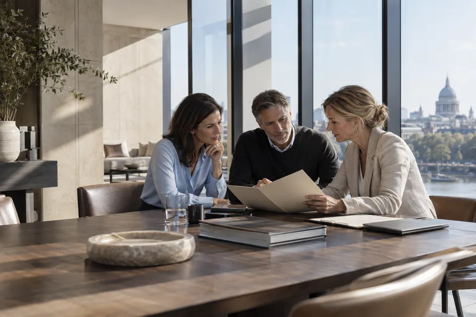 Three people reviewing a folder around an office table.