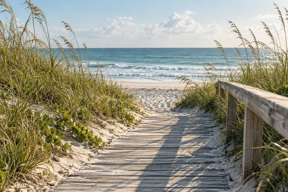 A boardwalk through coastal dunes.