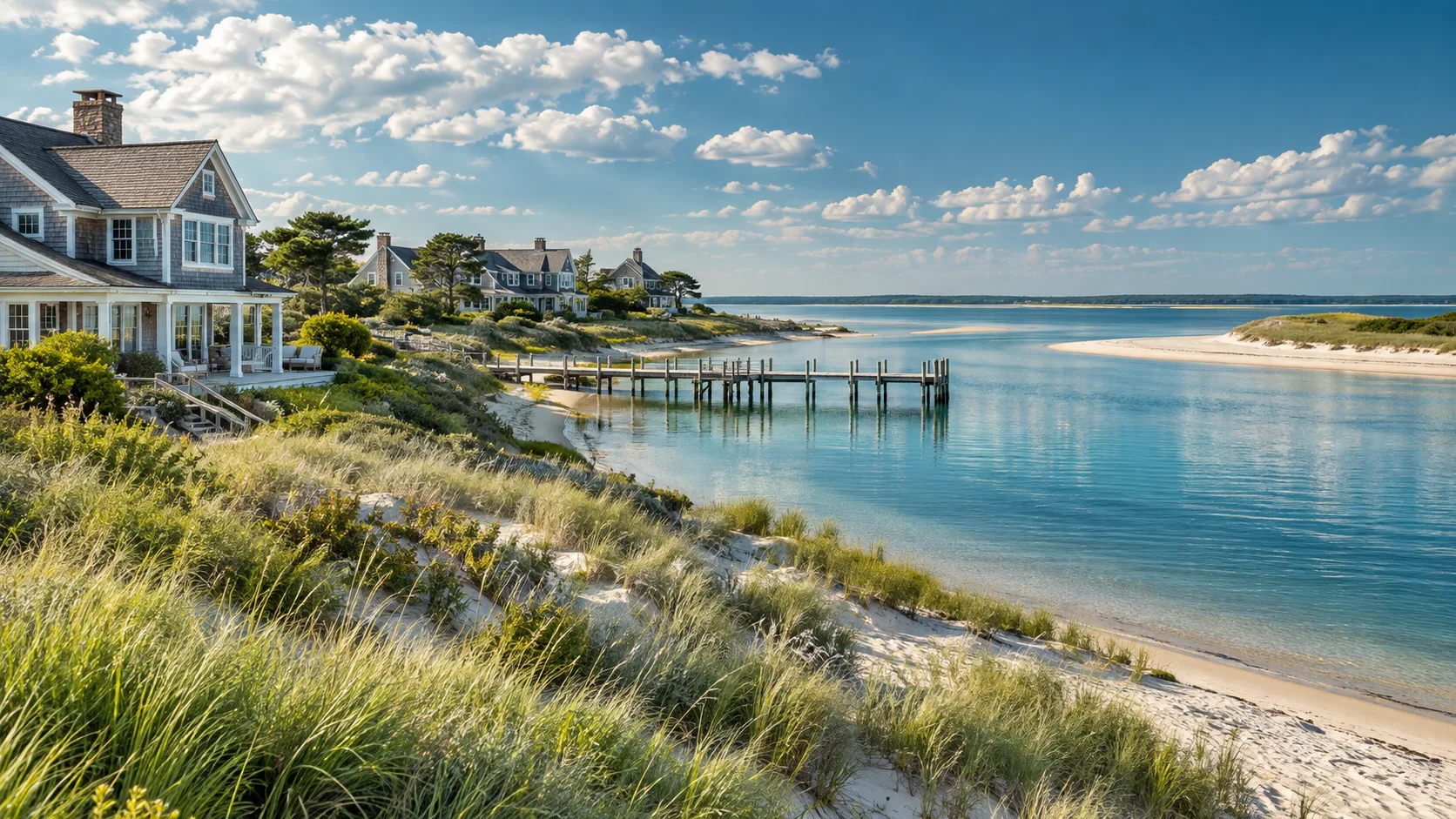 Coastal homes, dune grasses, and a quiet inlet.