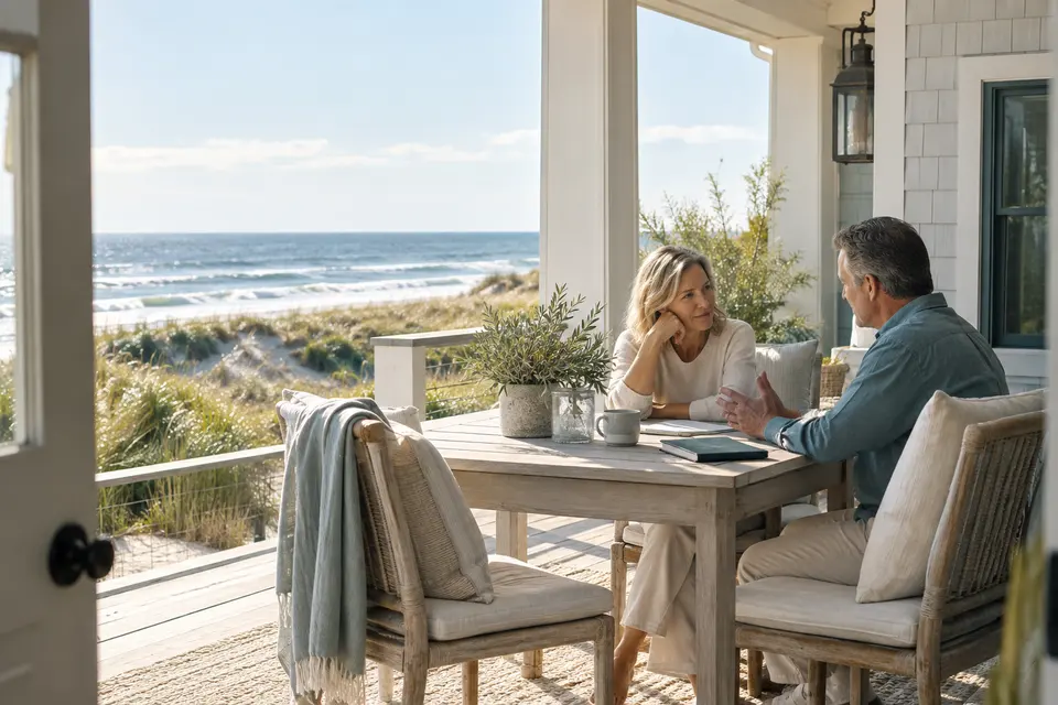 Two people talking at a porch table overlooking dunes and the sea.