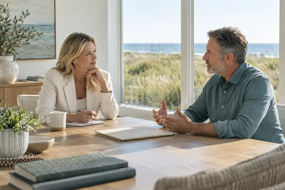 Two people in conversation beside a coastal workspace window.