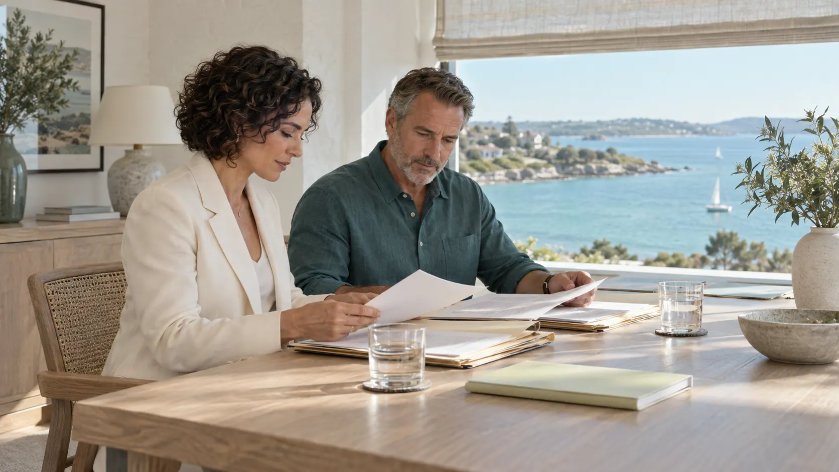 Two people reviewing property documents in a bright coastal office.
