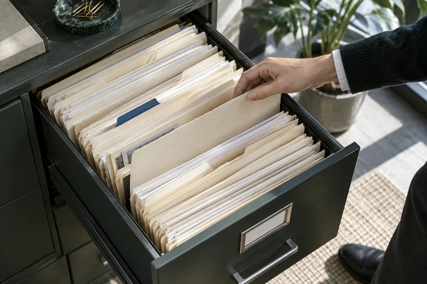 Open archive drawer with cream source folders