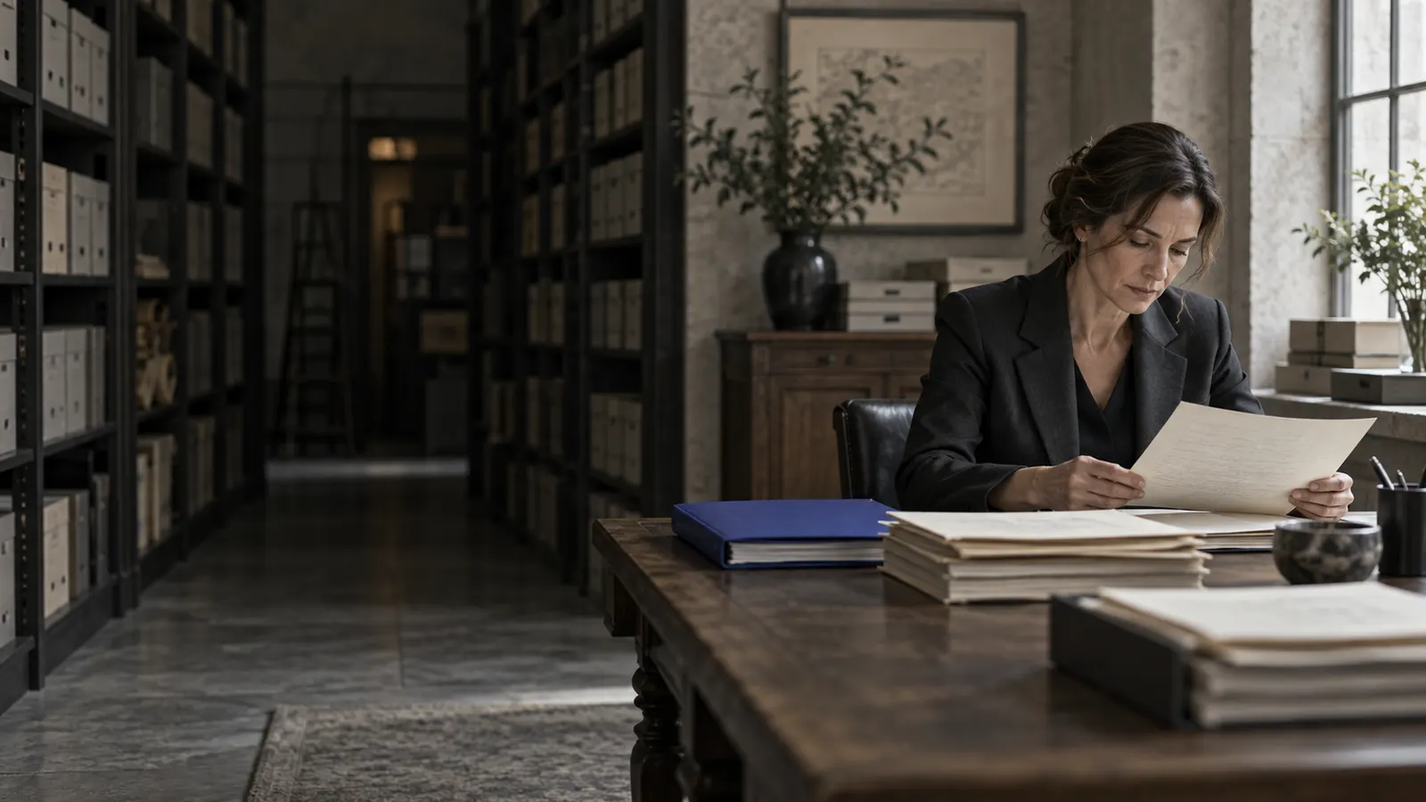 Financial analyst examining a record at an archive worktable