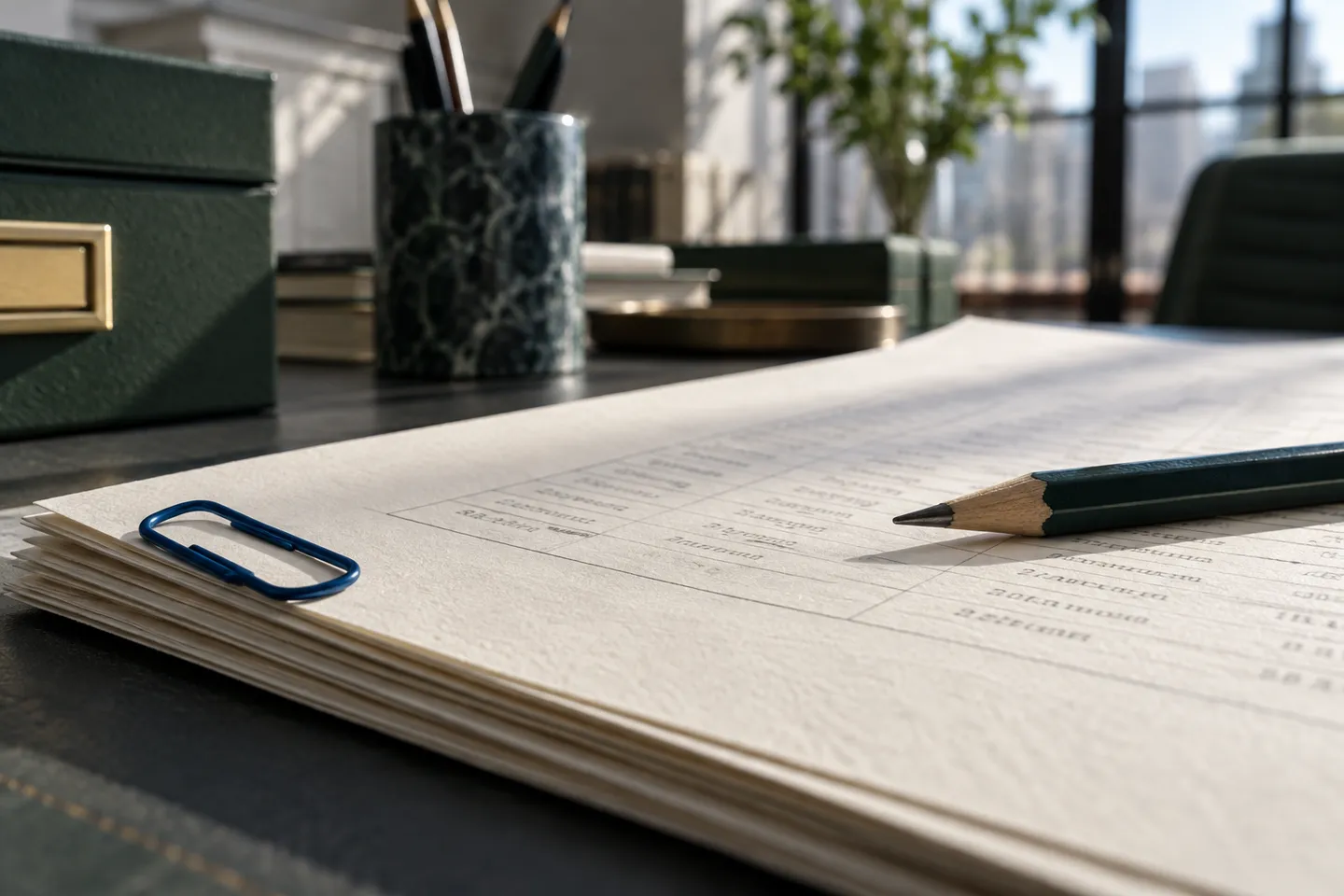 Close detail of a cream invoice and pencil