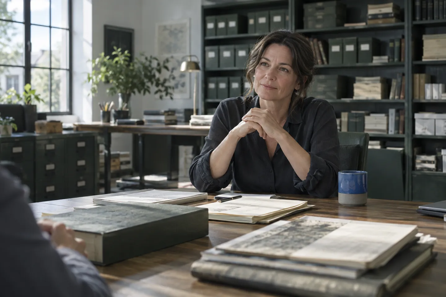 A person listening attentively at an archive worktable