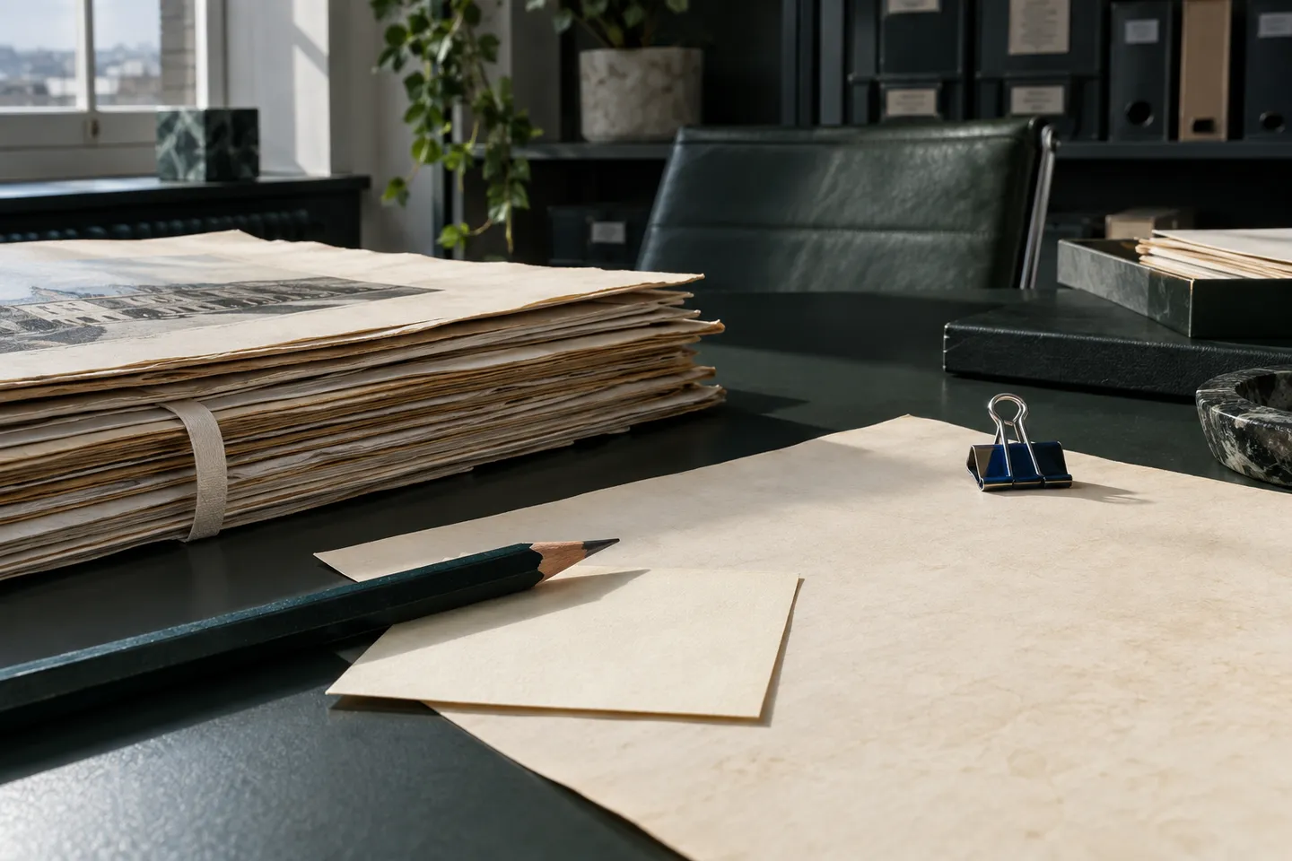Pencil and working note beside source papers