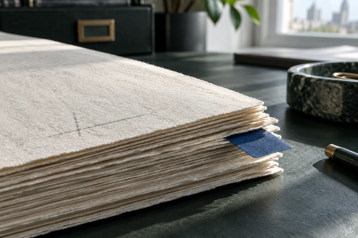 Layered paper edges with a cobalt archival tab and pencil annotation