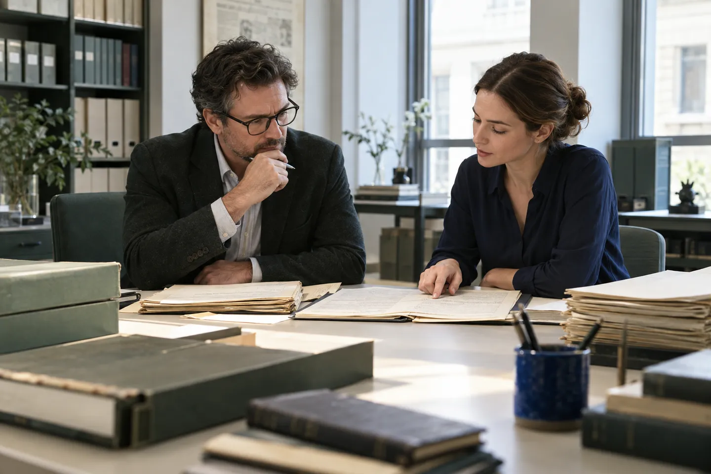 Two people comparing separate source folders across a table