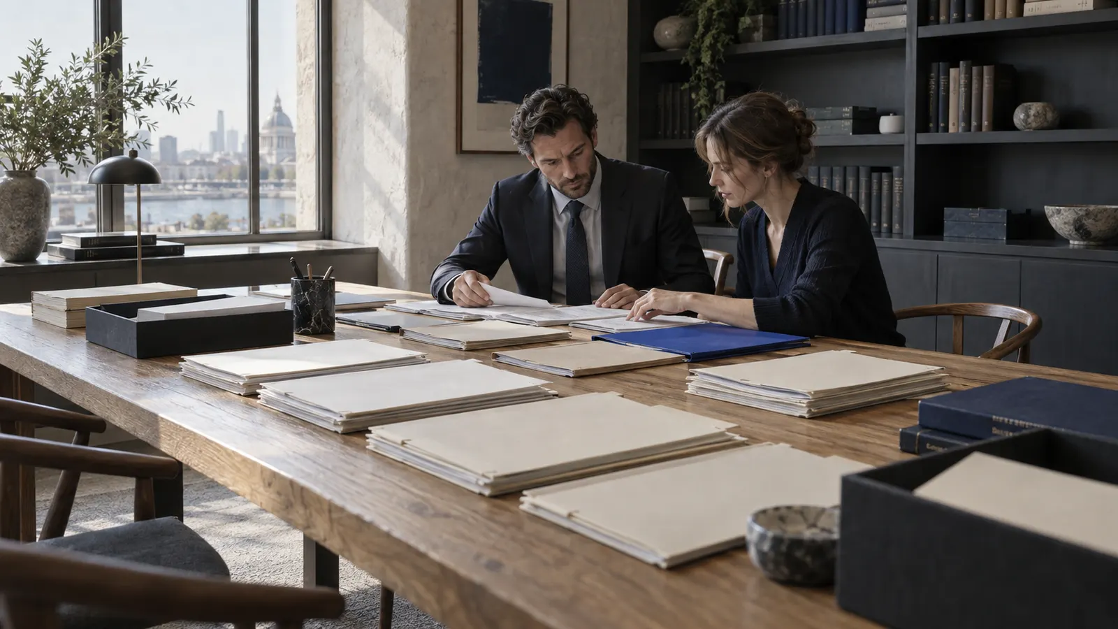 Two analysts comparing separate source records across a worktable